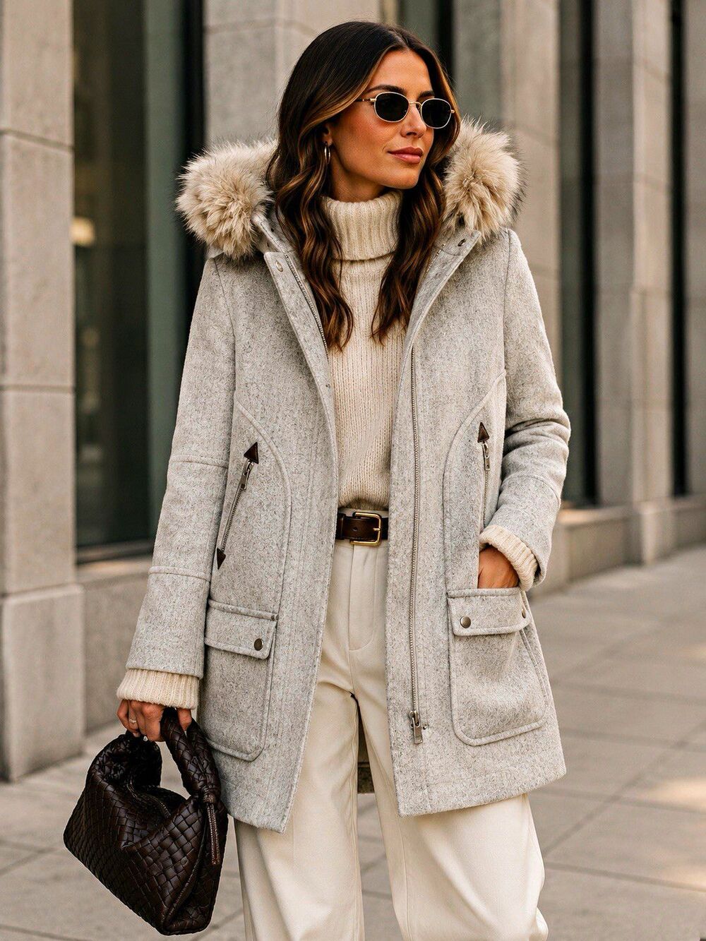 J.Crew Chateau Parka Italian Wool Coat Faux Fur Hood Gray Size 0